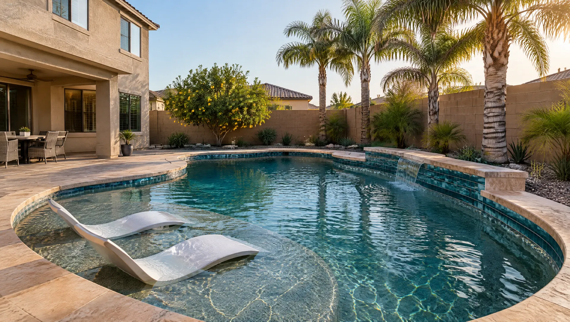 Freshly remodeled backyard pool behind a two-story stucco home in Gilbert, Arizona: deep blue-green pebble interior, a wide sun shelf with two lounge chairs in the water, a band of glossy teal glass waterline tile, warm tan stone coping, a citrus tree and queen palms along a block wall, late-afternoon light