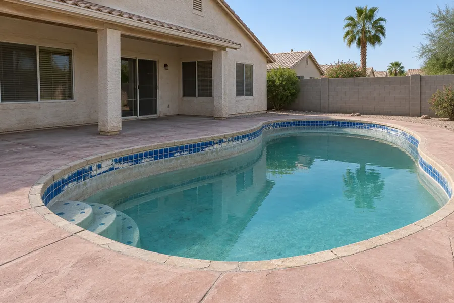 Dated backyard pool behind a 1990s Gilbert, Arizona stucco home before remodeling: chalky stained white plaster, chipped blue waterline tile with white scale, narrow cracked coping, faded pink cool deck, a plain block wall