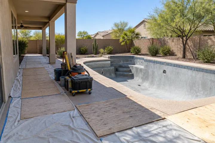 Pool remodel work area kept tidy: plywood and drop cloths protecting the patio, a covered side-yard path, tools stacked neatly by a drained pool