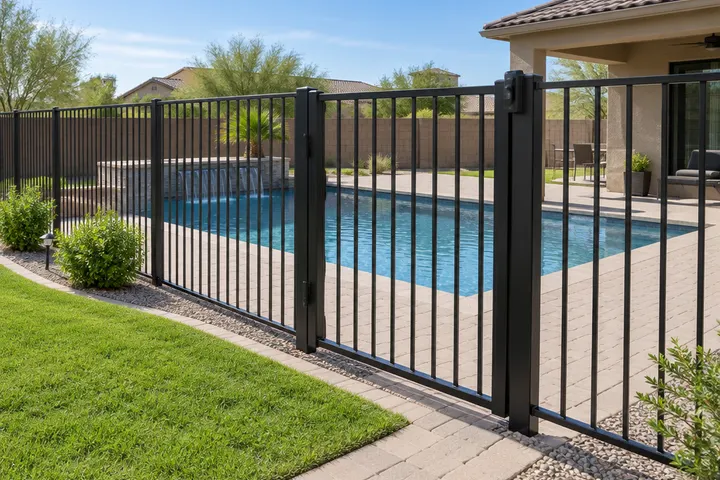 Black aluminum pool fence with a self-closing gate around a backyard pool, latch mounted high on the gate post, grass and patio in the background