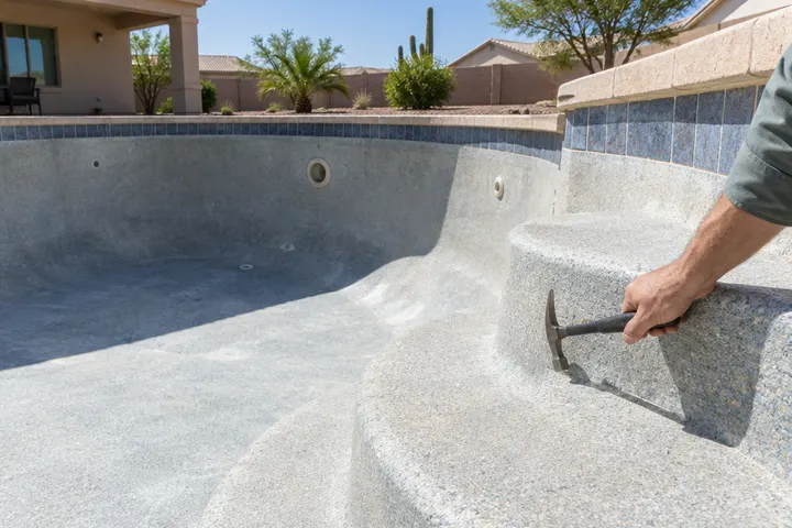 Drained backyard pool shell being inspected, a hand with a small hammer sounding the plaster for hollow spots near the steps, no face visible