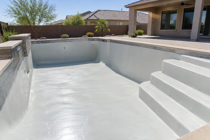 Fresh smooth white quartz plaster finish on a pool floor and steps just completed, still damp, trowel marks smoothed