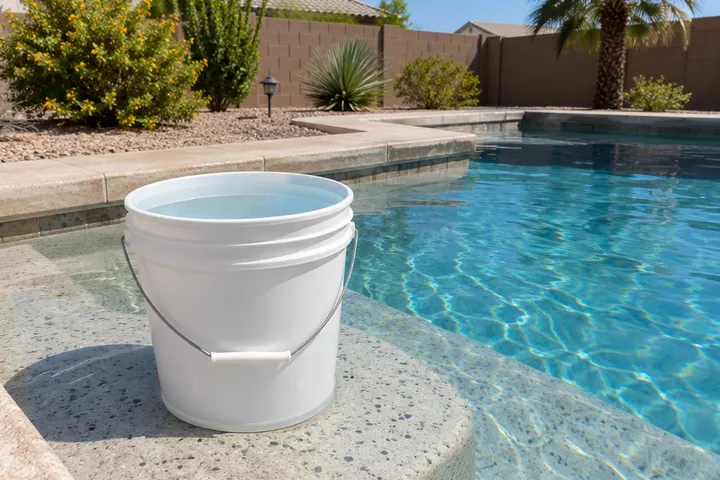 Five-gallon bucket of water sitting on a pool step beside the pool water, a simple evaporation test setup, no markings