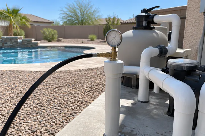 Pool plumbing line being pressure tested, a gauge attached to a capped return line at an equipment pad, gauge face not readable