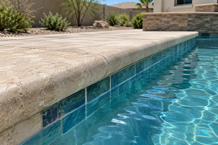 Close view of new tan stone pool coping with a rounded bullnose edge meeting fresh glass waterline tile