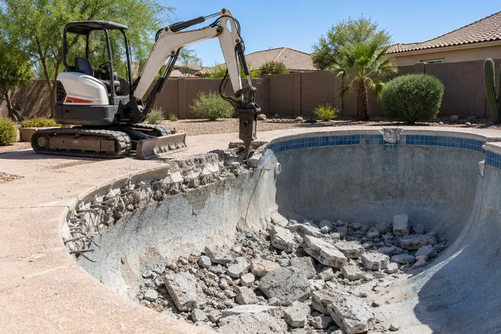 Small excavator breaking up the concrete bond beam and coping of an old backyard pool, broken gunite pieces in the shell