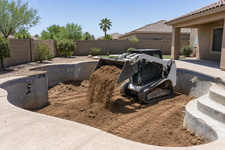 Clean fill dirt being spread into an old pool cavity by a compact loader, backyard setting