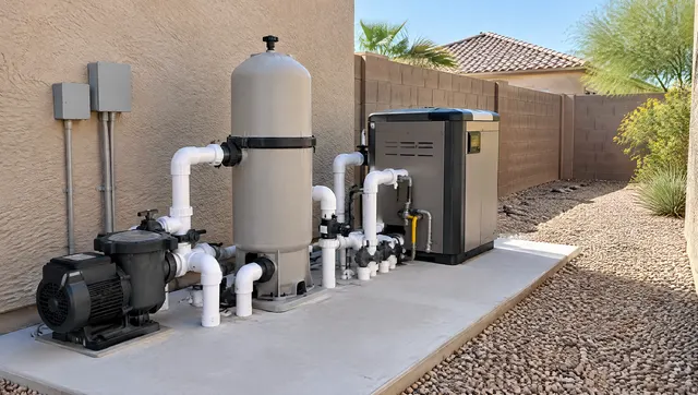 Tidy pool equipment pad beside a stucco side yard in Gilbert, Arizona: a variable-speed pool pump, a tall cartridge filter, a gas pool heater and neat white PVC plumbing with valves, clean concrete pad, block wall behind