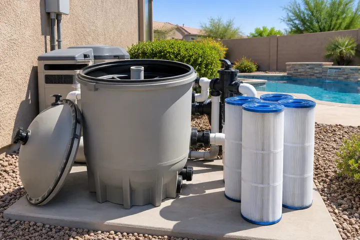 Opened cartridge pool filter tank with clean pleated filter cartridges standing beside it on an equipment pad